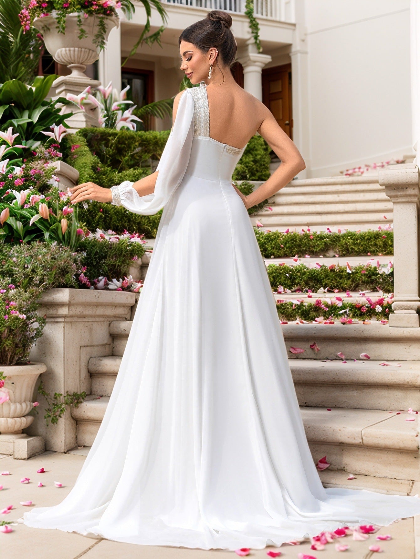 One-Shoulder A-Line Maxi Dress with Single Lantern Sleeve