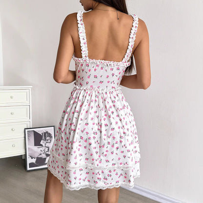 Floral A-Line Mini Dress with Tiered Skirt and Lace Trim