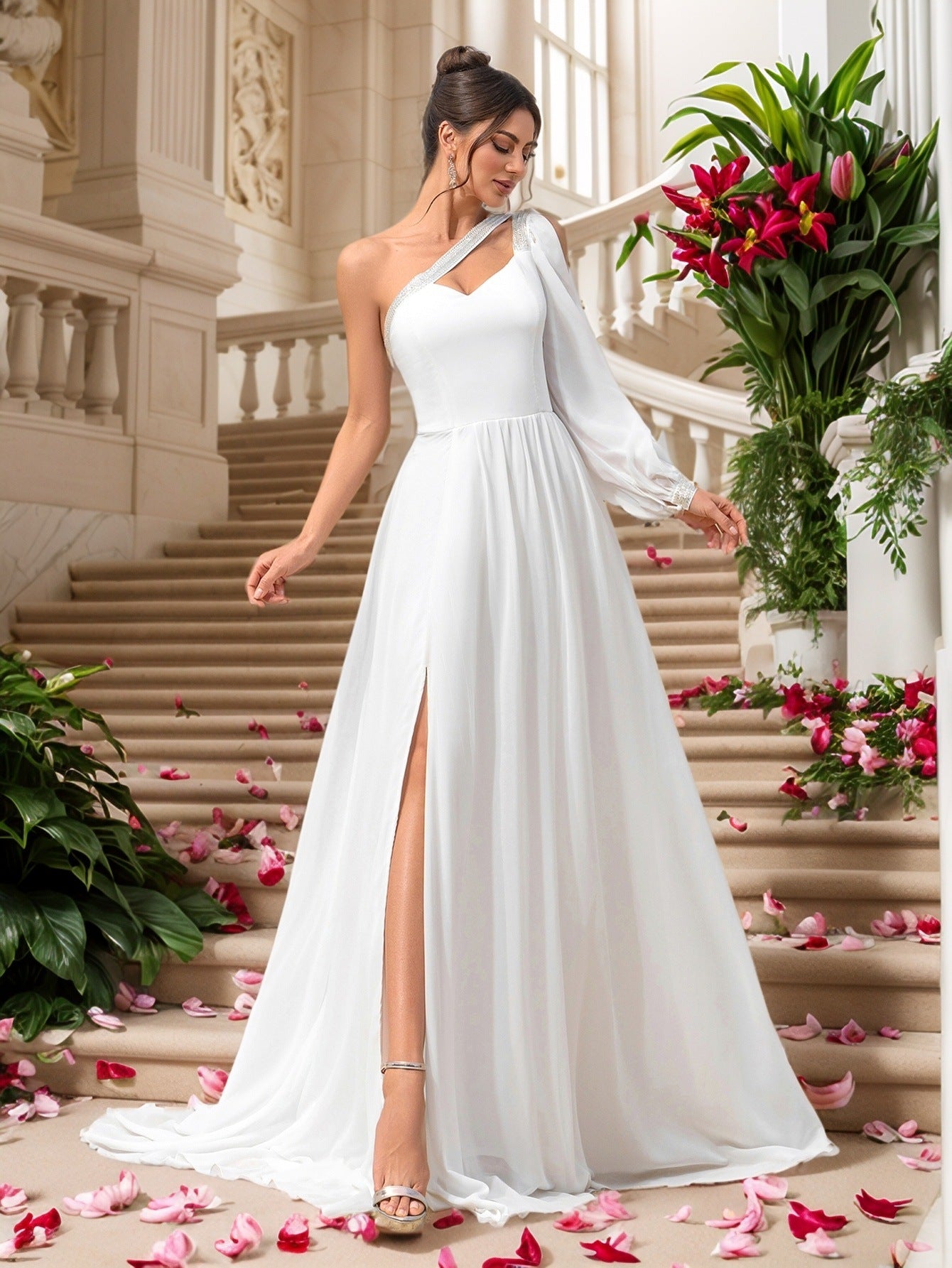 One-Shoulder A-Line Maxi Dress with Single Lantern Sleeve