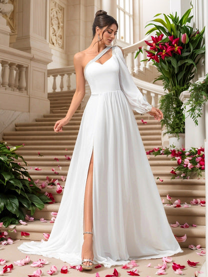 One-Shoulder A-Line Maxi Dress with Single Lantern Sleeve