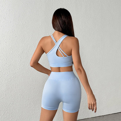 Solid Sky Blue Yoga Set with Asymmetric Straps and High-Waist Shorts