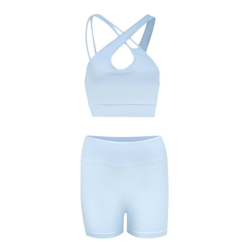 Solid Sky Blue Yoga Set with Asymmetric Straps and High-Waist Shorts
