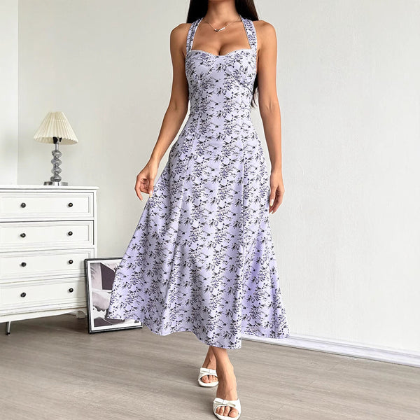 A-Line Floral Maxi Dress with Halter Neck and Lace-Up Waist