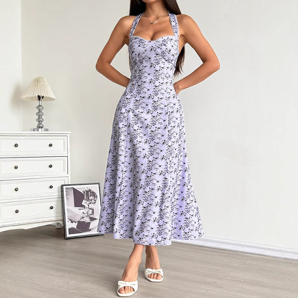 A-Line Floral Maxi Dress with Halter Neck and Lace-Up Waist