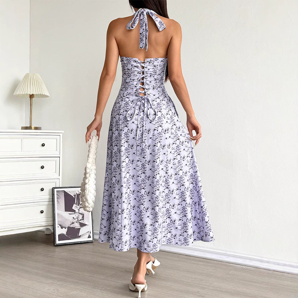 A-Line Floral Maxi Dress with Halter Neck and Lace-Up Waist