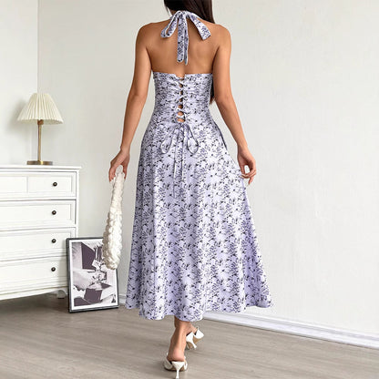 A-Line Floral Maxi Dress with Halter Neck and Lace-Up Waist
