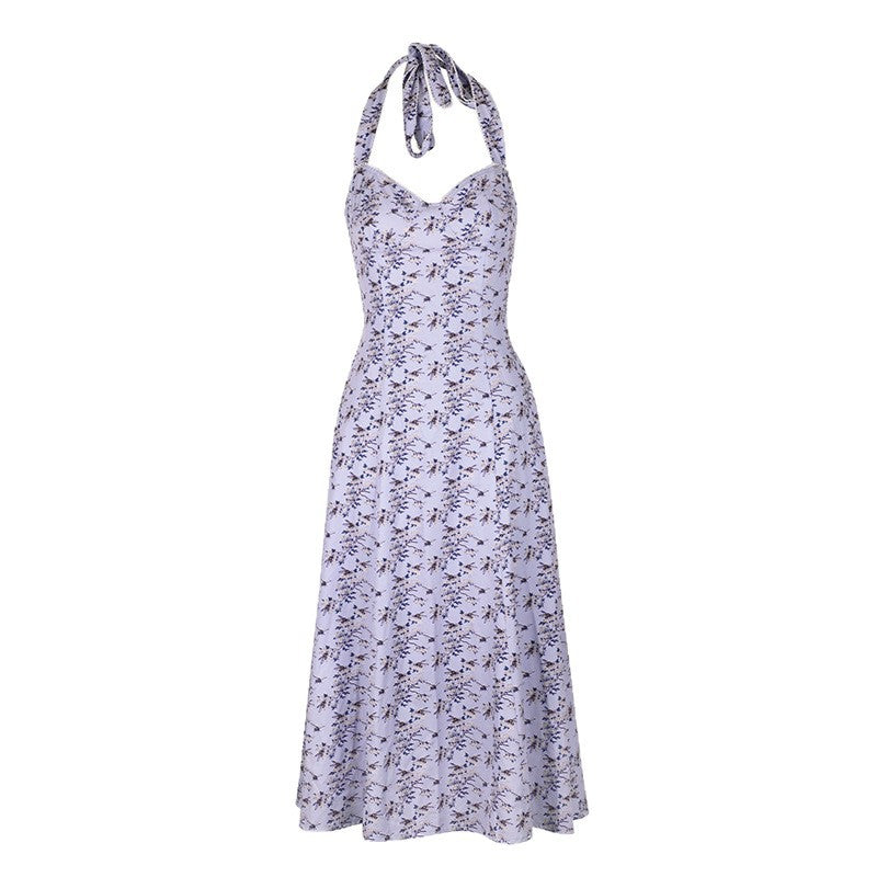 A-Line Floral Maxi Dress with Halter Neck and Lace-Up Waist
