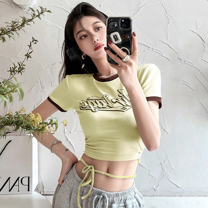 Slim Fit Cropped Ringer T-Shirt with Vintage Graphic and Waist Ties