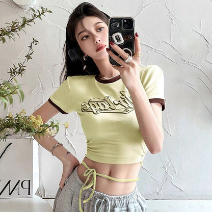 Slim Fit Cropped Ringer T-Shirt with Vintage Graphic and Waist Ties