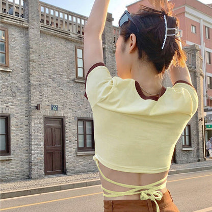 Slim Fit Cropped Ringer T-Shirt with Vintage Graphic and Waist Ties