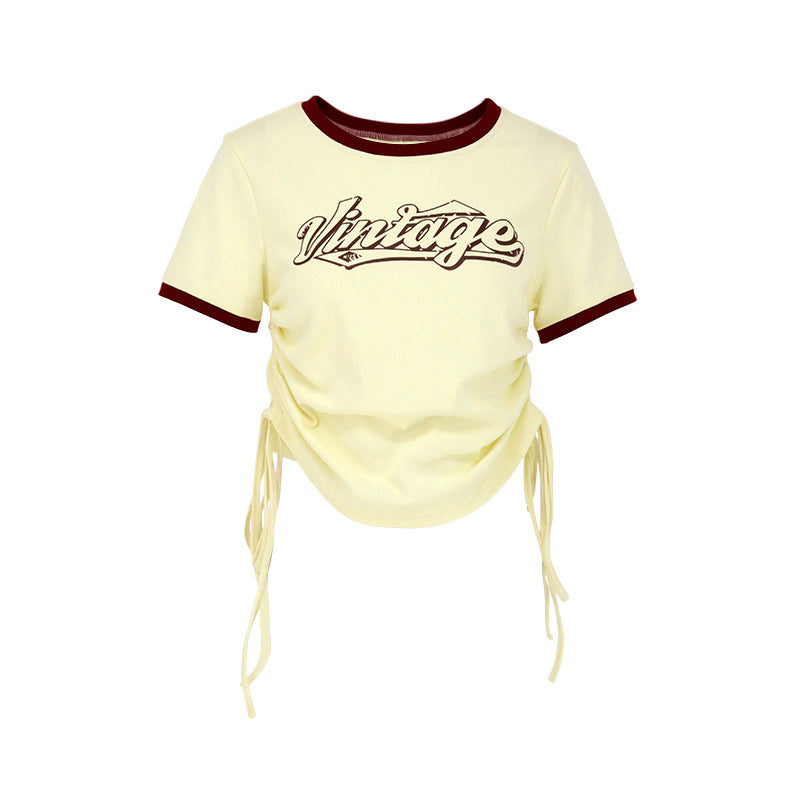Slim Fit Cropped Ringer T-Shirt with Vintage Graphic and Waist Ties
