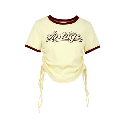 Slim Fit Cropped Ringer T-Shirt with Vintage Graphic and Waist Ties