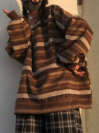 Oversized Striped Pullover Sweater with Round Neck