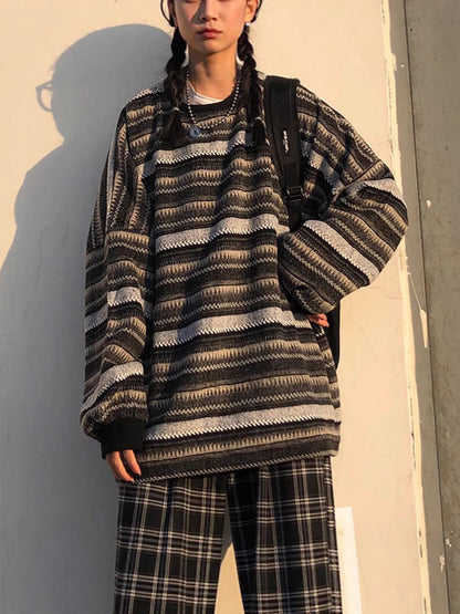 Oversized Striped Pullover Sweater with Round Neck