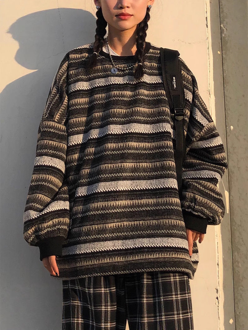 Oversized Striped Pullover Sweater with Round Neck