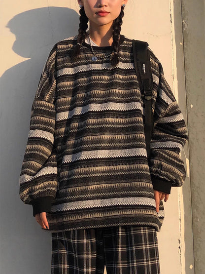 Oversized Striped Pullover Sweater with Round Neck