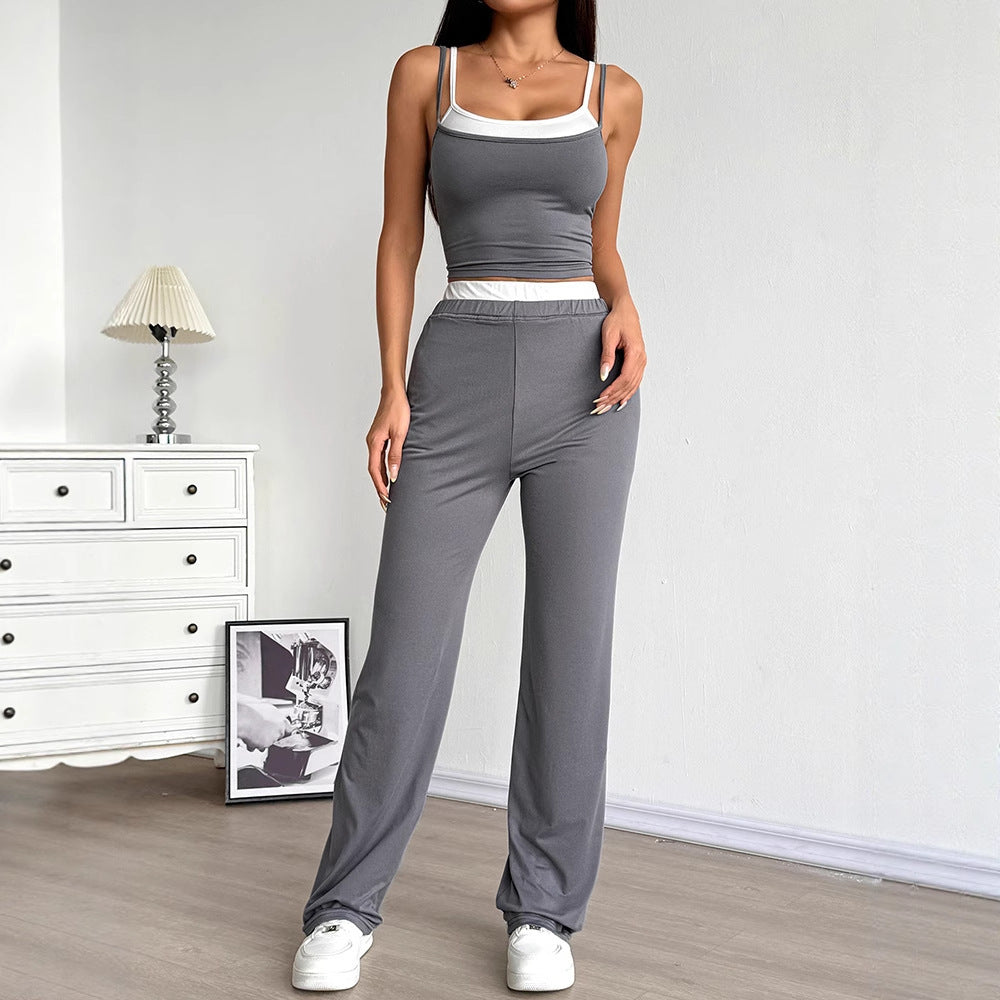 Contrast Trim Camisole and Straight-Leg Trousers Two-Piece Set
