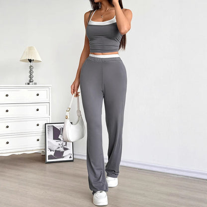 Contrast Trim Camisole and Straight-Leg Trousers Two-Piece Set