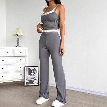 Contrast Trim Camisole and Straight-Leg Trousers Two-Piece Set