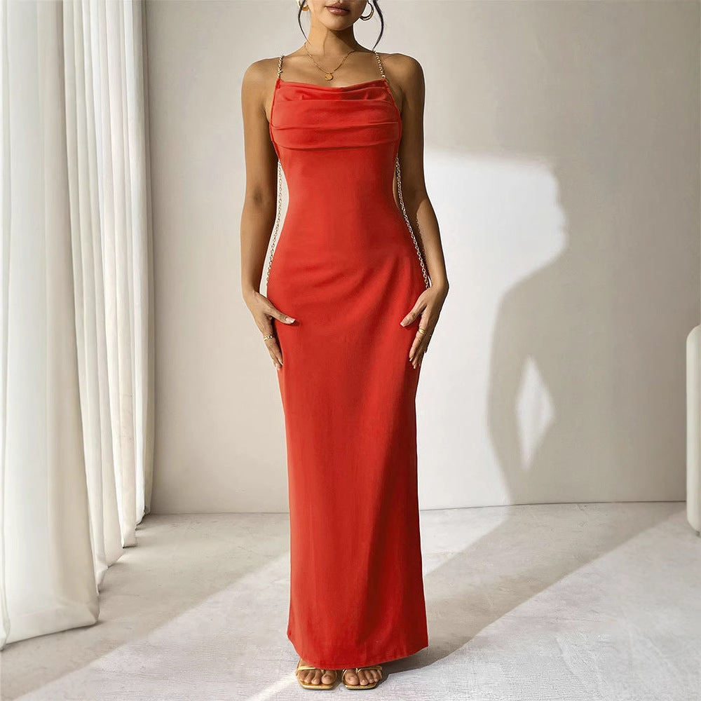 Backless Sheath Maxi Dress with Cowl Neck and Chain Straps