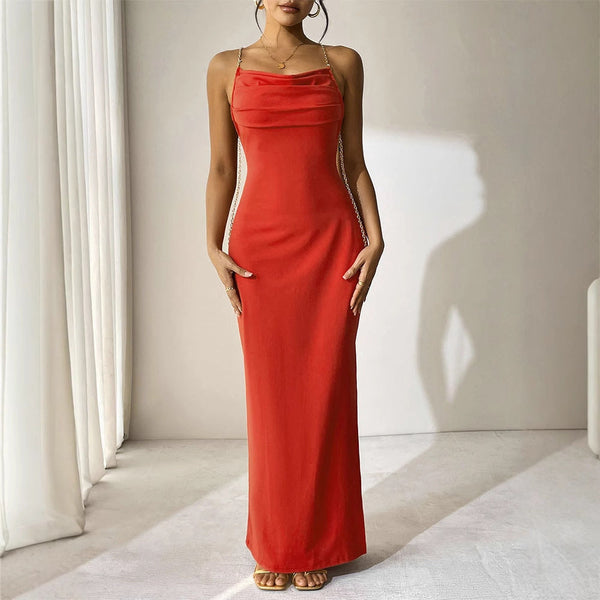 Backless Sheath Maxi Dress with Cowl Neck and Chain Straps