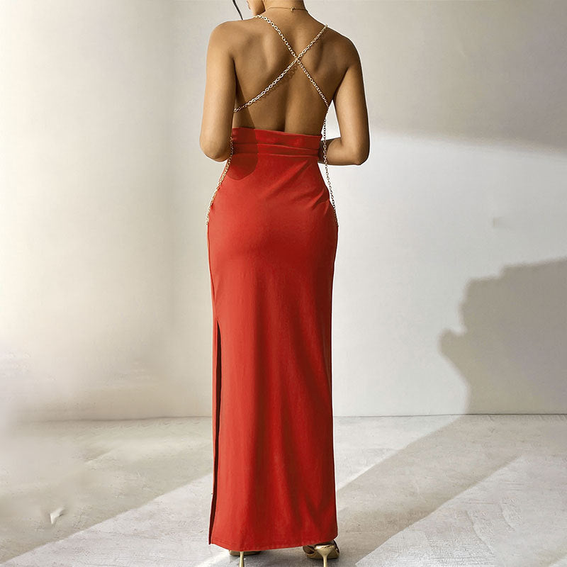 Backless Sheath Maxi Dress with Cowl Neck and Chain Straps