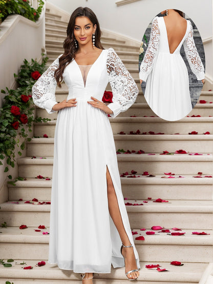 A-Line Chiffon Maxi Dress with Lace Puff Sleeves and Slit