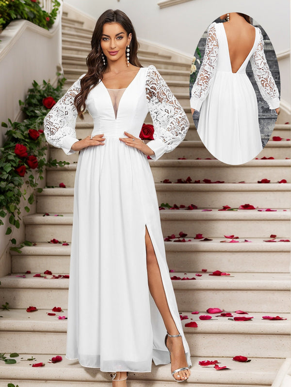 A-Line Chiffon Maxi Dress with Lace Puff Sleeves and Slit
