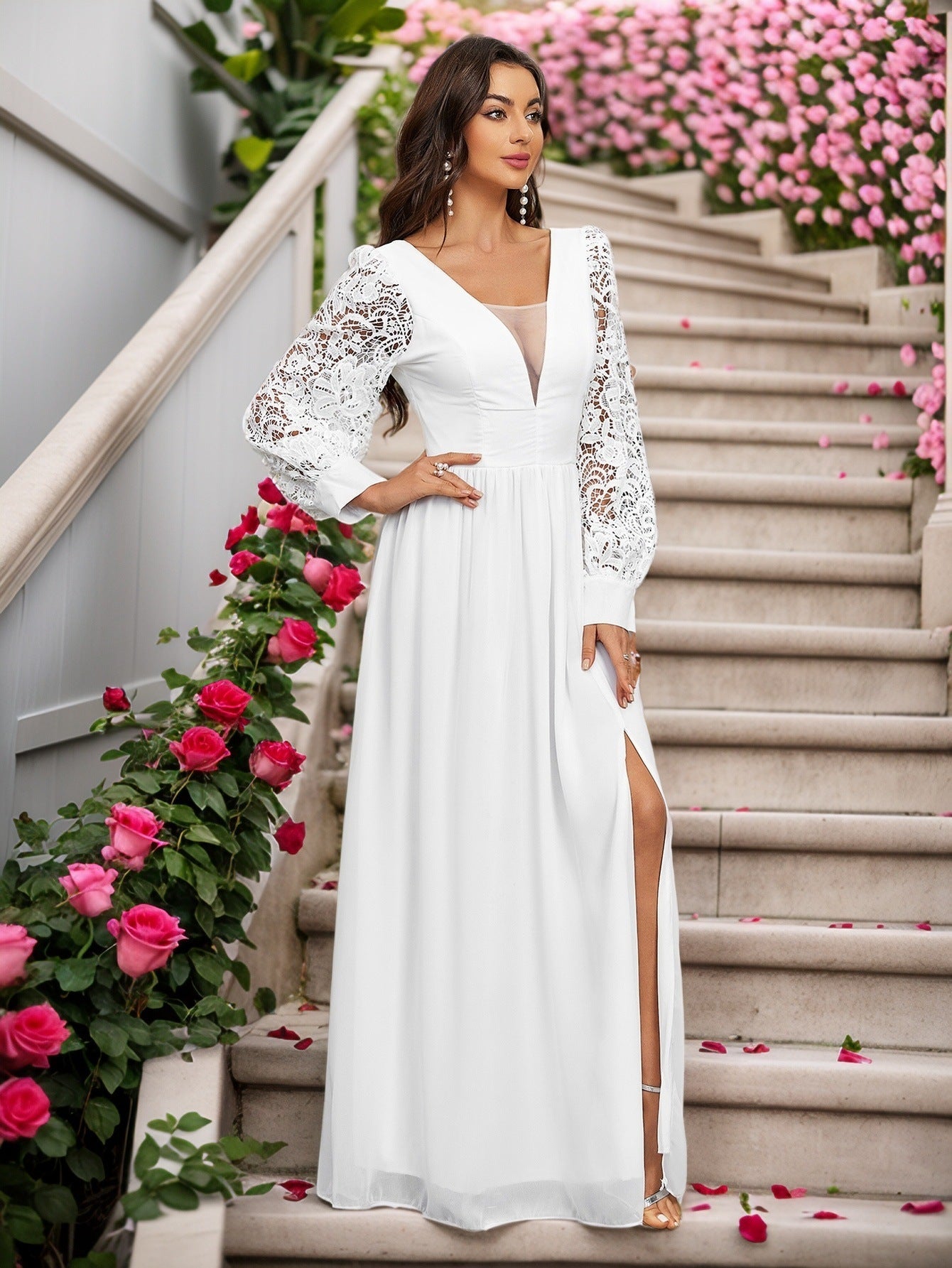 A-Line Chiffon Maxi Dress with Lace Puff Sleeves and Slit