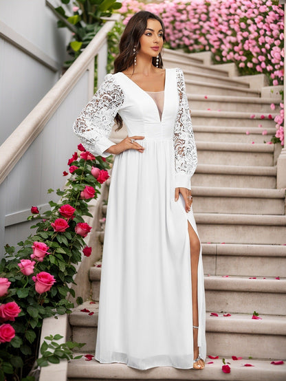 A-Line Chiffon Maxi Dress with Lace Puff Sleeves and Slit
