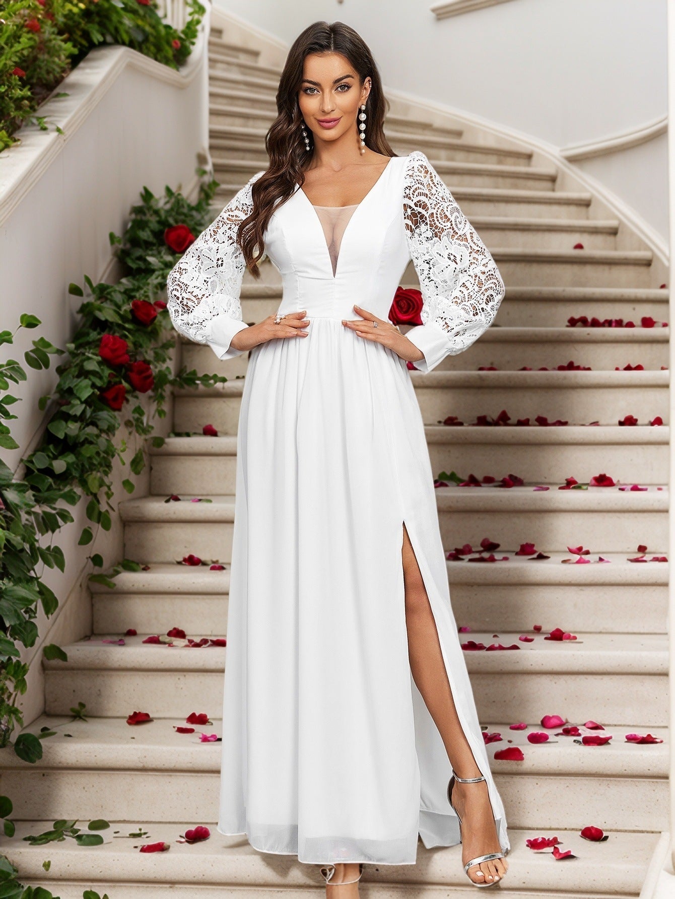 A-Line Chiffon Maxi Dress with Lace Puff Sleeves and Slit