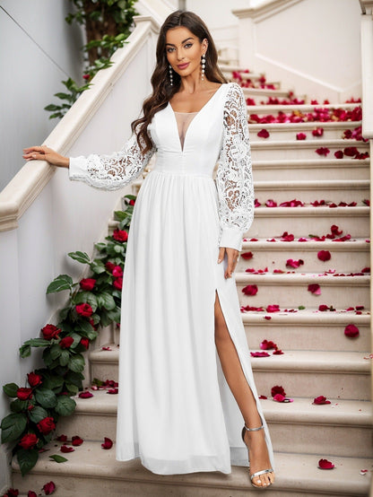 A-Line Chiffon Maxi Dress with Lace Puff Sleeves and Slit