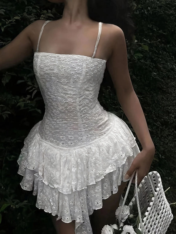Eyelet A-Line Mini Dress with Tiered Ruffles and Spaghetti Straps
