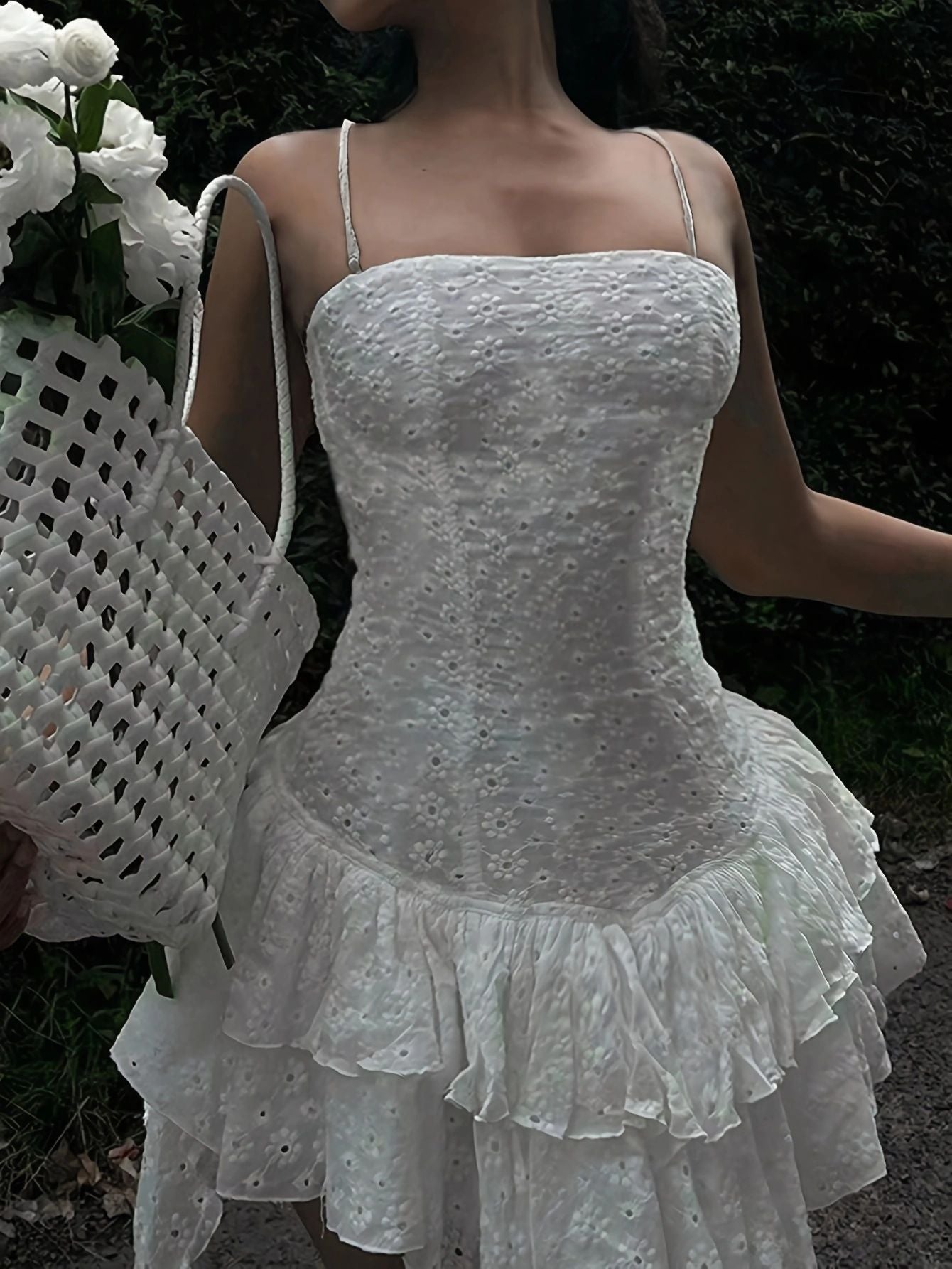 Eyelet A-Line Mini Dress with Tiered Ruffles and Spaghetti Straps
