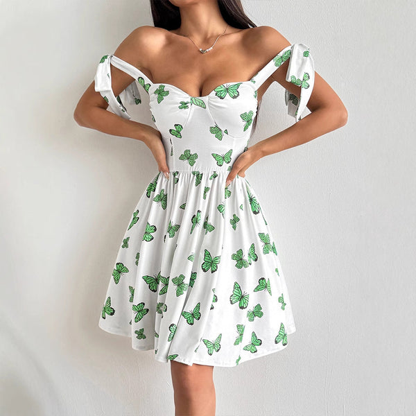 Butterfly Print A-Line Dress with Tie Shoulder Straps