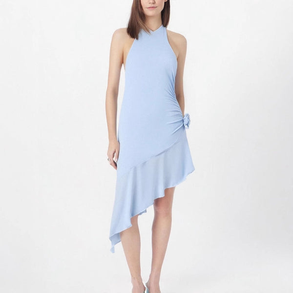 High-Neck Asymmetrical Midi Dress with Side Rosette Detail