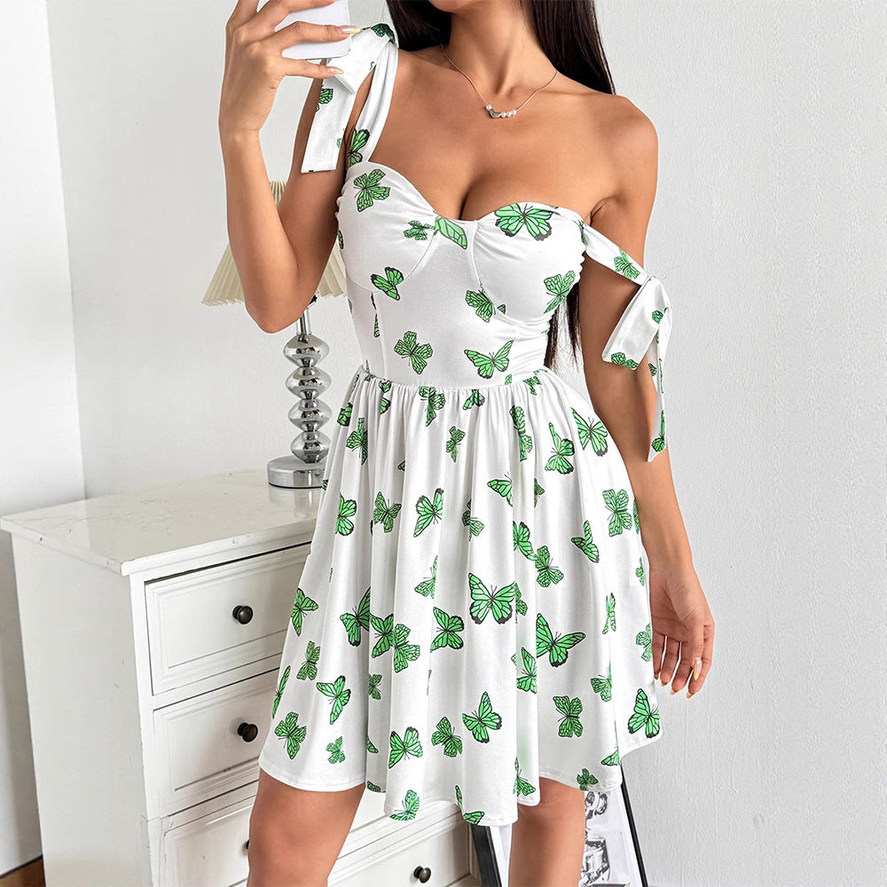 Butterfly Print A-Line Dress with Tie Shoulder Straps