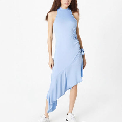 High-Neck Asymmetrical Midi Dress with Side Rosette Detail