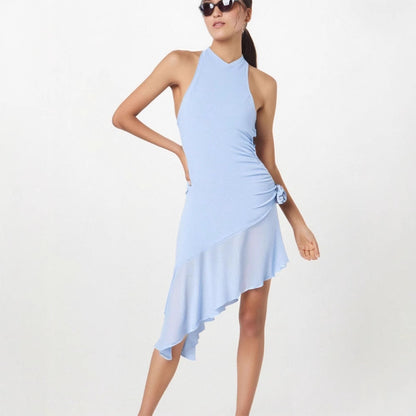High-Neck Asymmetrical Midi Dress with Side Rosette Detail