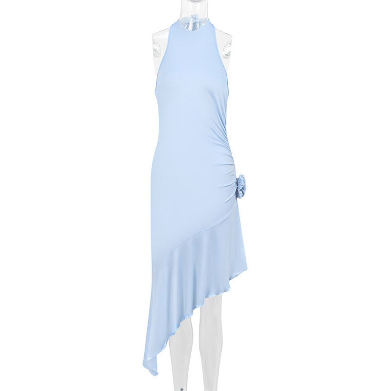 High-Neck Asymmetrical Midi Dress with Side Rosette Detail