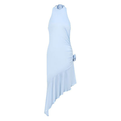 High-Neck Asymmetrical Midi Dress with Side Rosette Detail