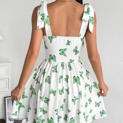 Butterfly Print A-Line Dress with Tie Shoulder Straps