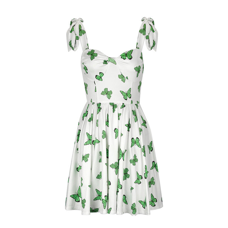 Butterfly Print A-Line Dress with Tie Shoulder Straps