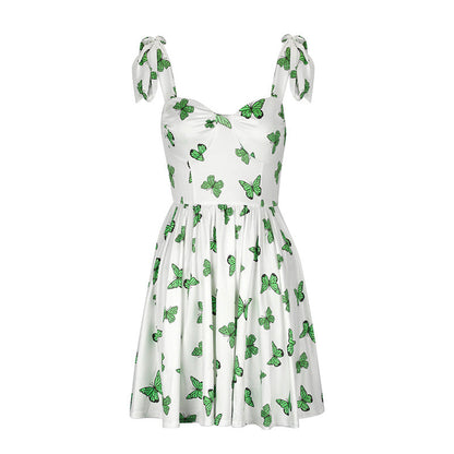 Butterfly Print A-Line Dress with Tie Shoulder Straps