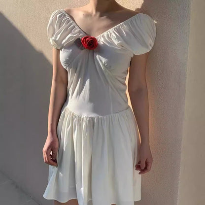 V-Neck Puff Sleeve Mini Dress with Rose Applique
