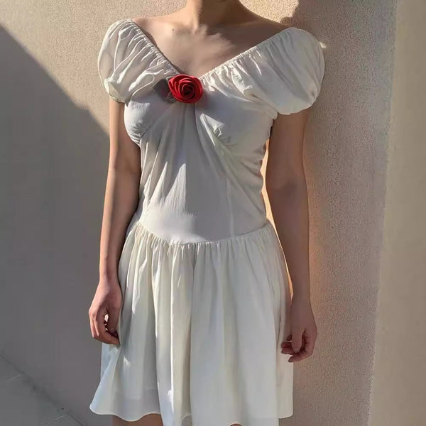 V-Neck Puff Sleeve Mini Dress with Rose Applique
