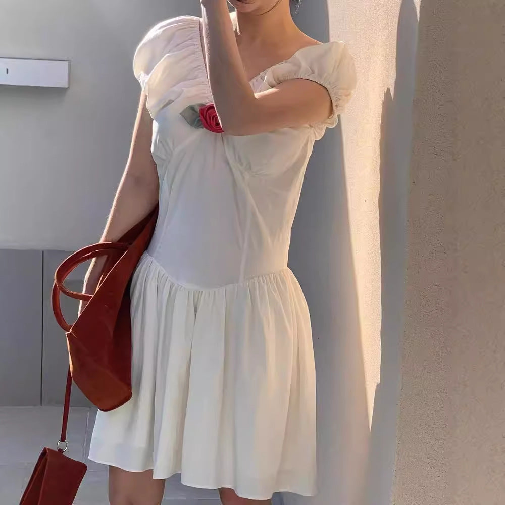 V-Neck Puff Sleeve Mini Dress with Rose Applique