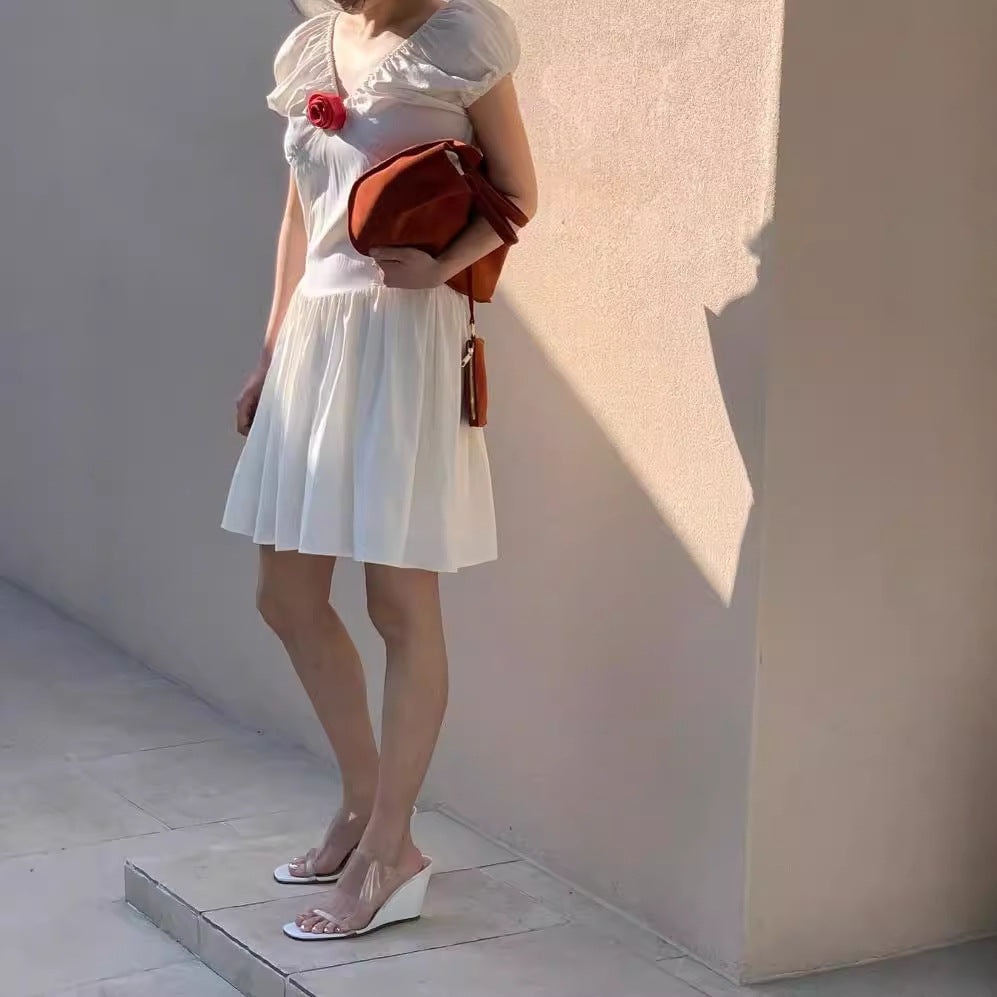 V-Neck Puff Sleeve Mini Dress with Rose Applique