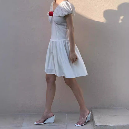 V-Neck Puff Sleeve Mini Dress with Rose Applique