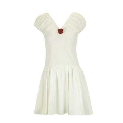 V-Neck Puff Sleeve Mini Dress with Rose Applique